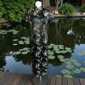 Stephen's Collection Black Gold Cherry Blossom Cheongsam Maxi Dress Size 4
